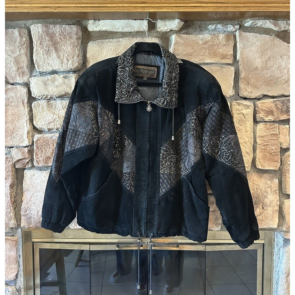 VTG 80s/90s Repertoire Men’s Size M Black Leather Bomber Jacket Pattern Design